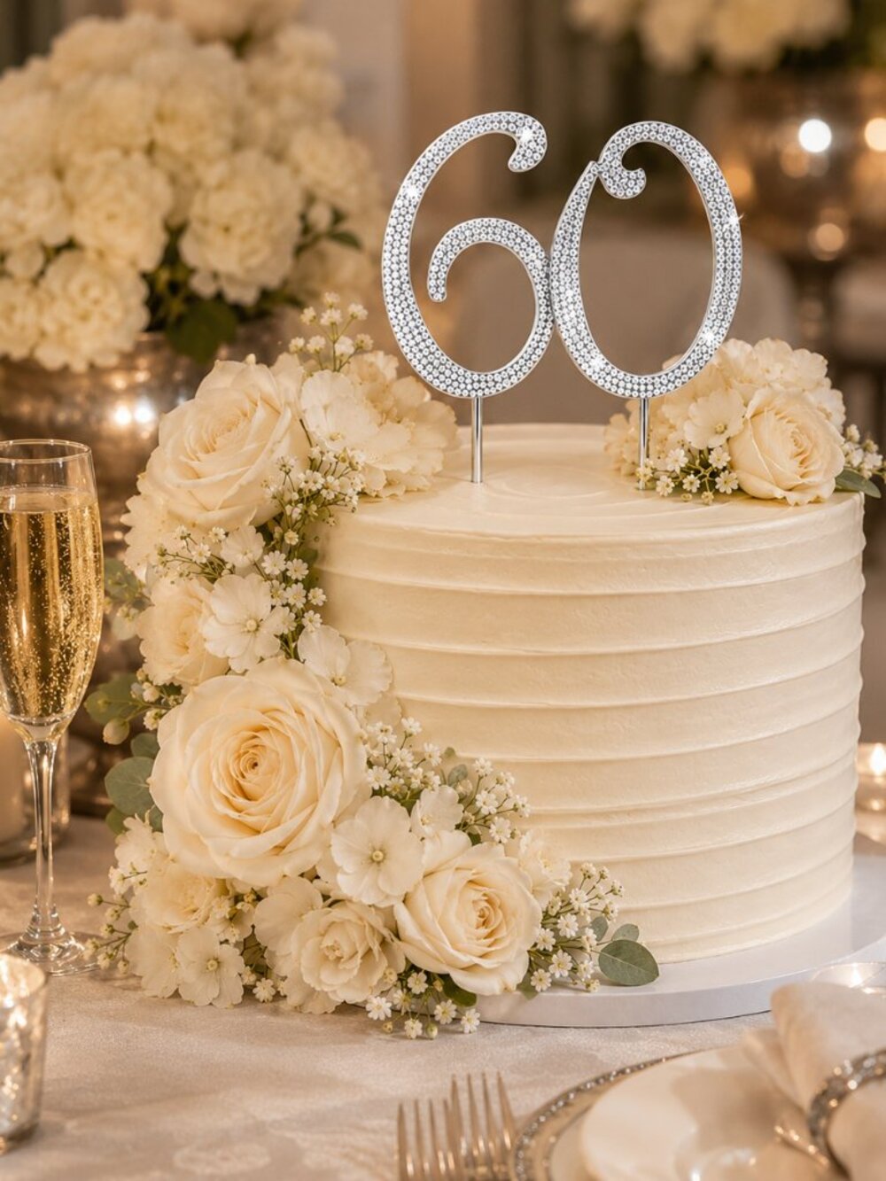 Rhinestone Cake Topper - Number 60 - Silver Metal with Czech Rhinestones